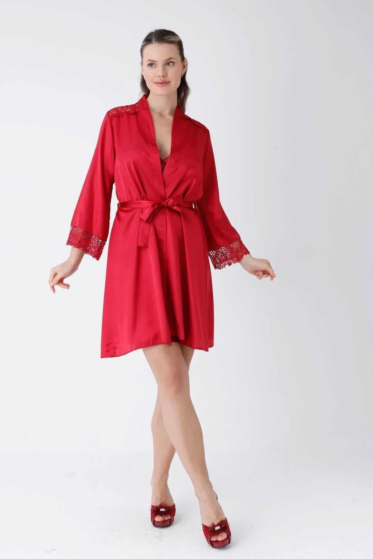 Red Short Nightgown Dressing Gown Set