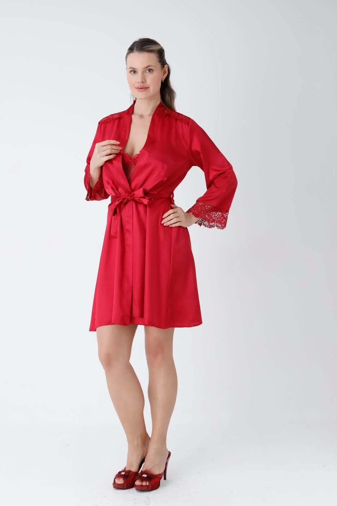 Red Short Nightgown Dressing Gown Set