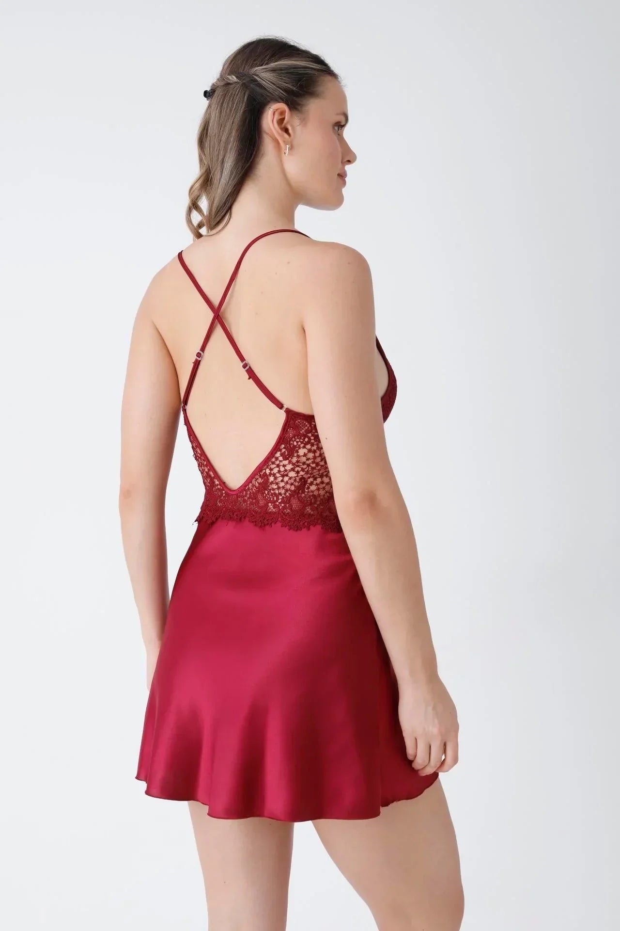 Burgundy Guipure Embroidered Satin Nightgown Dressing Gown Set