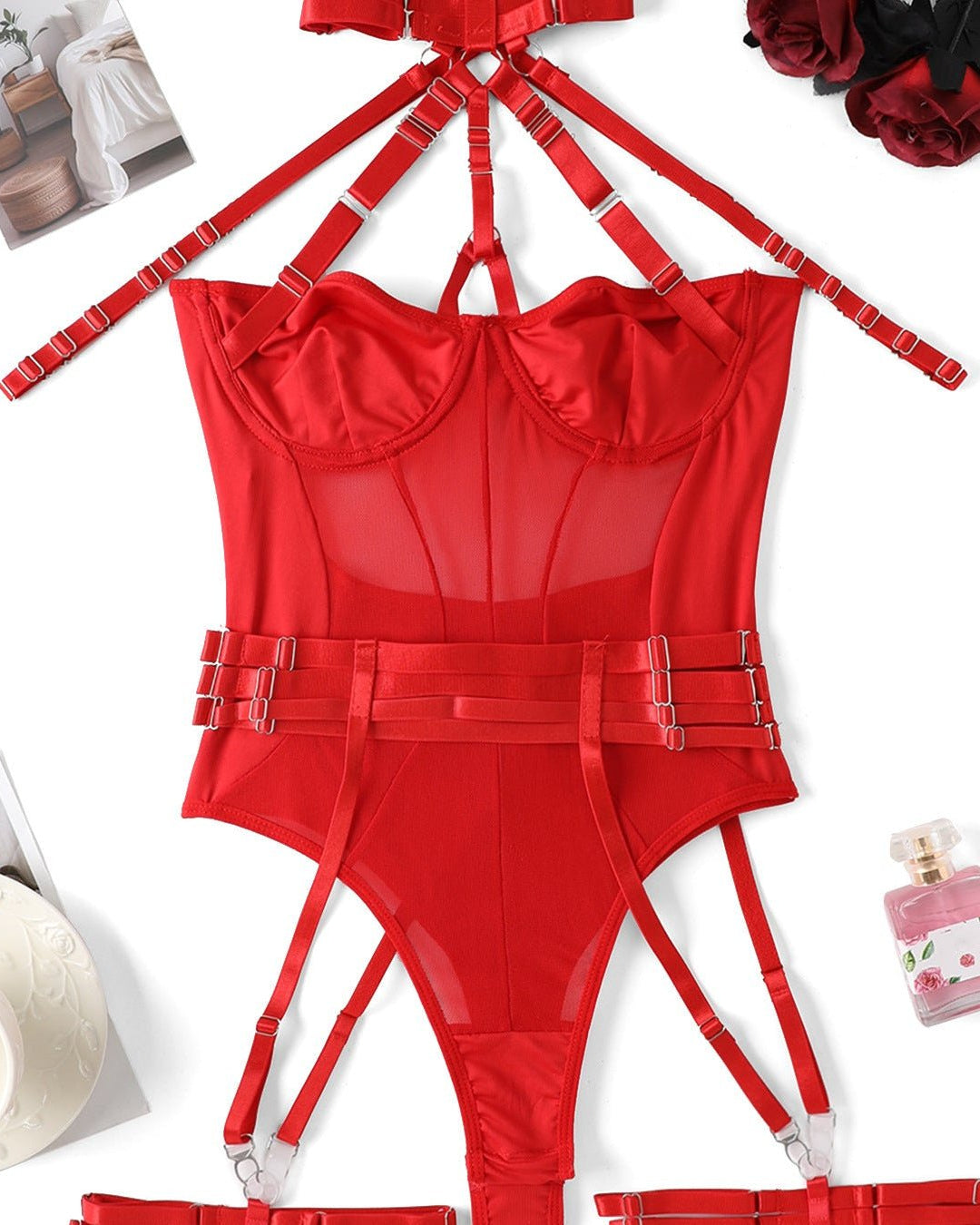 Choke Me Chic Mesh Bondage-Inspired Teddy Lingerie Set