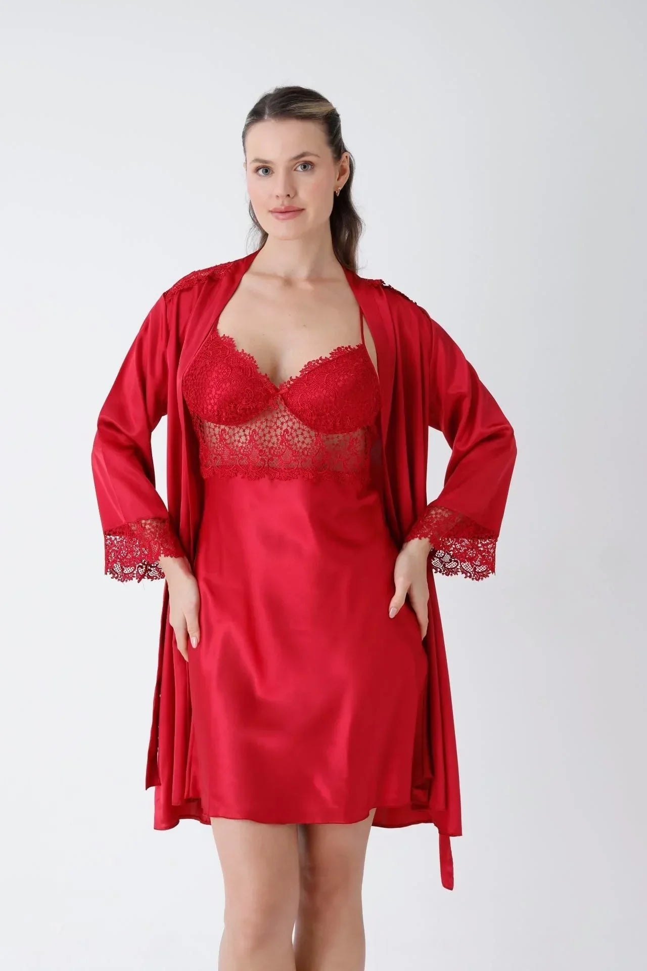 Red Short Nightgown Dressing Gown Set